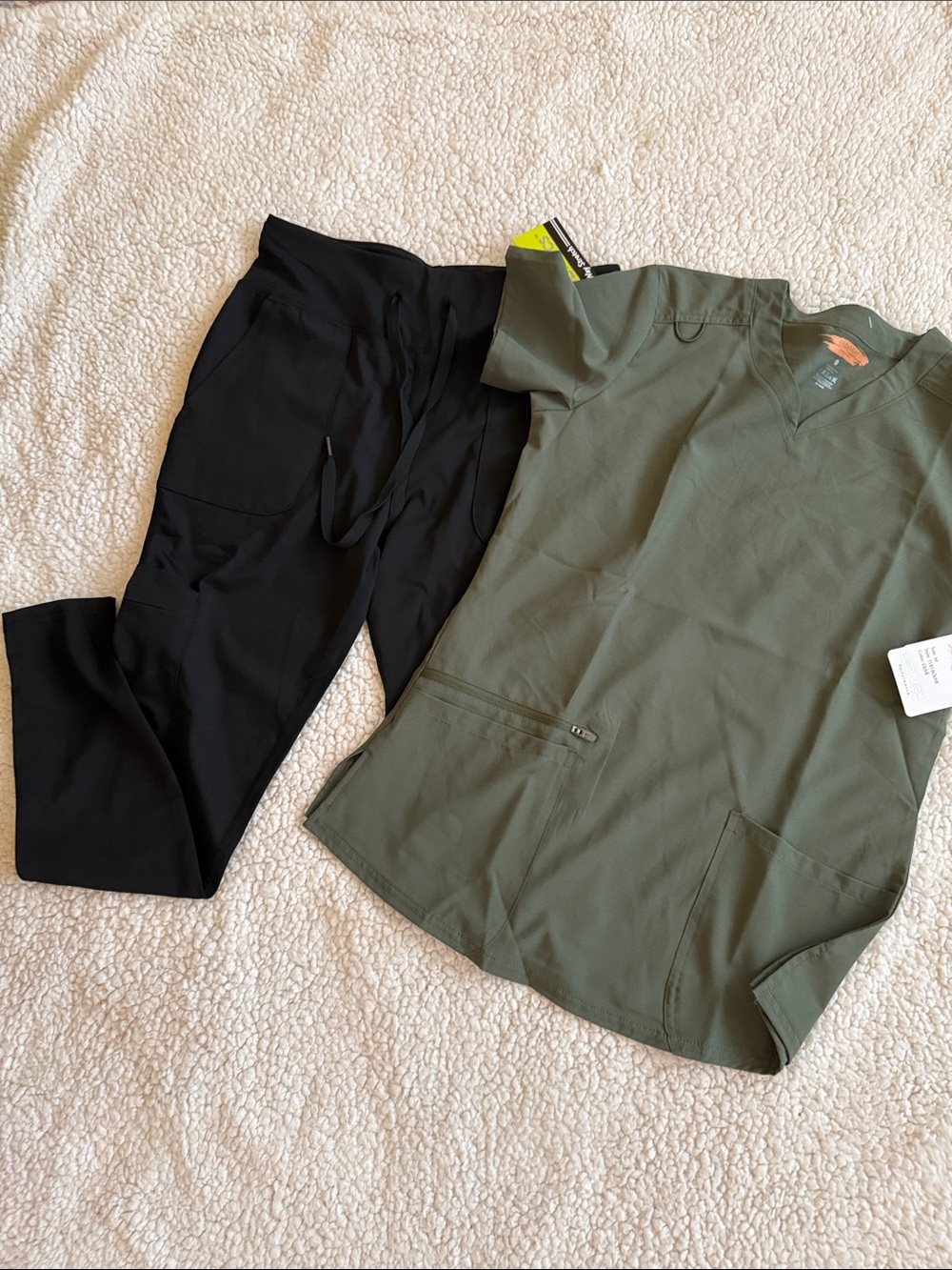 Olive Green V-Neck Scrub Top with Black Scrub Pants Medium
